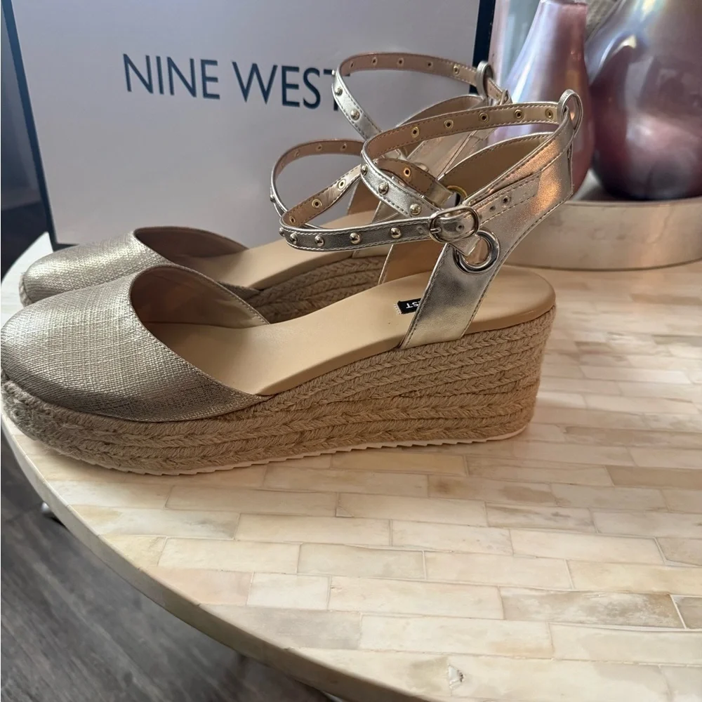Gold Espadrille Flats with Ankle Strap